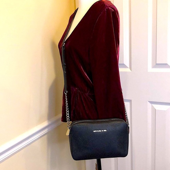 MICHAEL KORS Perforated Black Saffiano Crossbody with Silver Chain Leather Strap - Picture 15 of 15